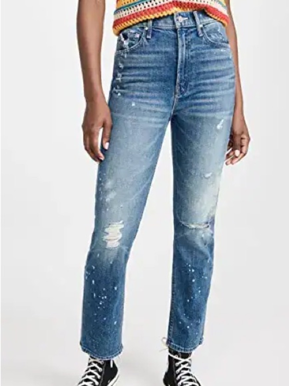 MOTHER Straight-Leg Distressed Jeans - Medium Blue Wash